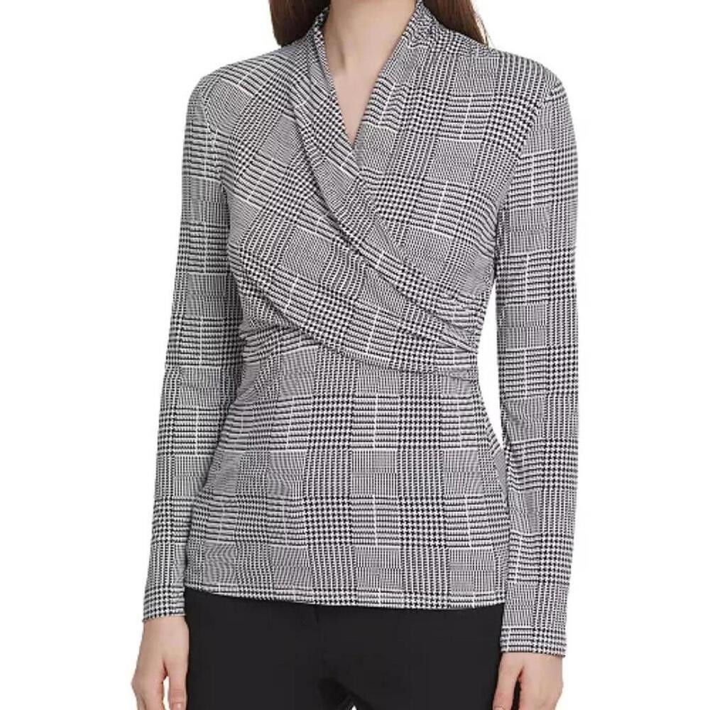 Tahari black & white plaid faux wrap top detail